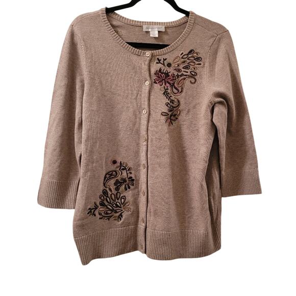 Vtg Floral Embroidered Women's Cadigan Sweater Tan & Pink Size M Ppreppy Boho - Picture 1 of 10